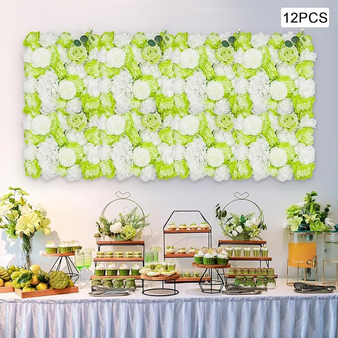 12Pcs Artificial Flower Wall Panel,3D 15" X 15" Silk Rose Mat Artificial Flower Wall,Decorative Backdrop Flower Panels Wall for Wedding Party Stage Baby Shower Decor (Green, White)