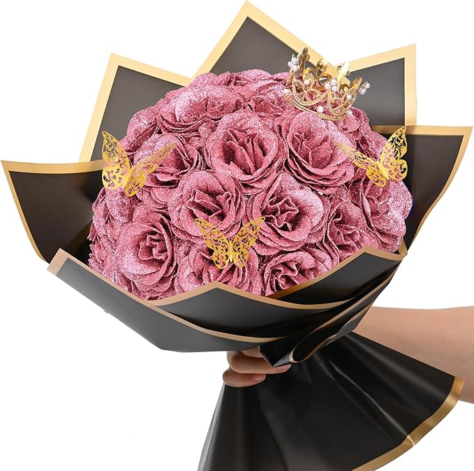 Waipfaru Glitter Roses Bouquet, DIY Fake Flowers Bouquet, Birthday Gifts for Women Mom, 24 Pcs Rose Gold Rose for Wife Girlfriend Valentines, Mothers Day, Anniversary, Graduation