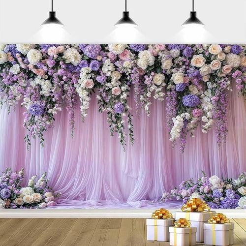 10x10ft Purple Lavender Floral Bridal Backdrop Wedding Flower Photography Backdrop for Girl Portrait Baby Shower Birthday Party Decor Banner Mother's Day Party Wall Backdrop Studio Photo Backgrounds