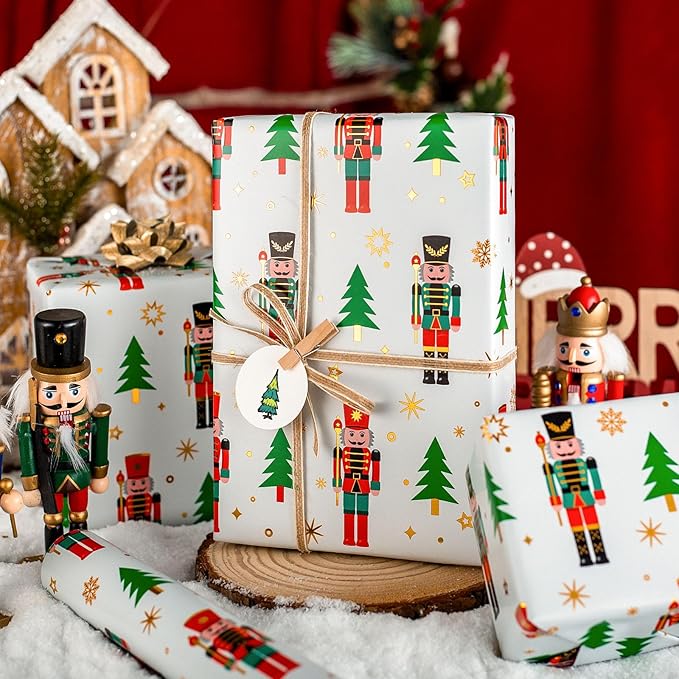 Yarcony Nutcracker Wrapping Paper Roll, White Christmas Wrapping Paper, Metallic Foil Elegant Christmas Tree, Nutcracker Gift Wrap for Holiday, New Year, Celebrations (Mini Roll, 17 Inch X 33 Feet)