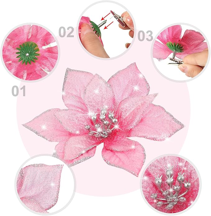 WILLBOND 24 Pcs 3 Size Poinsettia Flower Artificial Christmas Decor Glitter Poinsettia Christmas Ornaments Faux Flowers for Xmas Tree Outdoor(3.2/4/6 Inches,Rose Red)