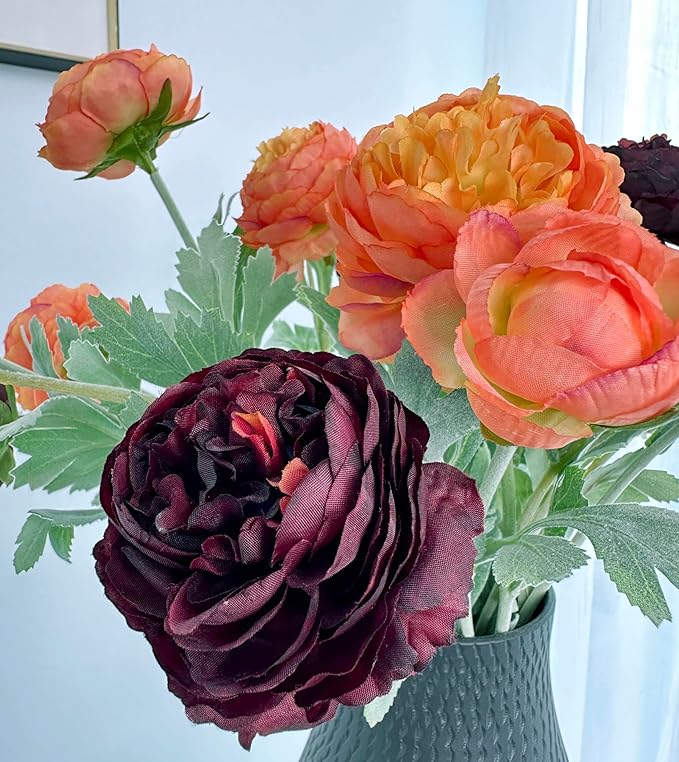 7pcs Silk Peonies Artificial Flowers, Faux Orange and Burgundy Peonies Mixed for Vase, Fake Flower Stems Arrangement for Home Kithcen Dining Table Centerpieces, Farmhouse Office Decoration