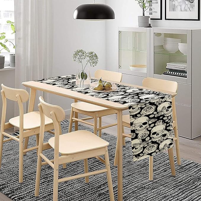 Gothic Table Runner,Black White Skeleton Flower Moth Print Table Runner for Home Kitchen Table Dining Garden Farmhouse Wedding Party Decor 13x36 Inch