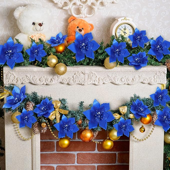 WILLBOND 24 Pcs 3 Size Poinsettia Flower Artificial Christmas Decor Glitter Poinsettia Christmas Ornaments Faux Flowers for Xmas Tree Outdoor(3.2/4/6 Inches,Royal Blue)