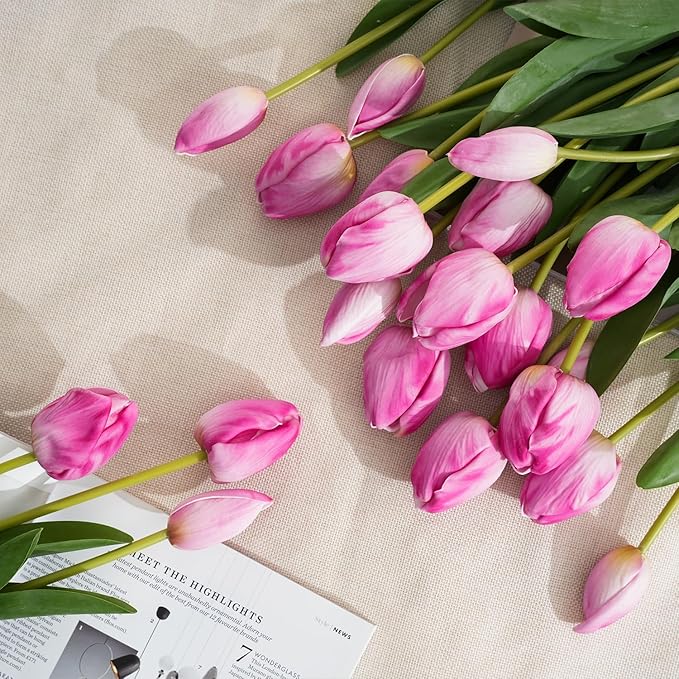 Real Touch Artificial Tulips, 20pcs Fake Tulip Flower Stem, PU Faux Tulip 19.7” for Mother's Day Easter Valentine's Gift, Home Decor Wedding, Table Centerpiece Floral Creation, Pinkish Purple