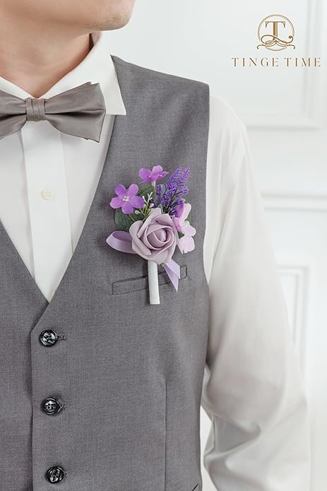 TINGE TIME Lavender Boutonniere for Men Wedding, Set of 2, Groom Groomsmen Boutineers Decor for Ceremony Anniversary, Formal Dinner Homecoming and Rustic Vintage Wedding