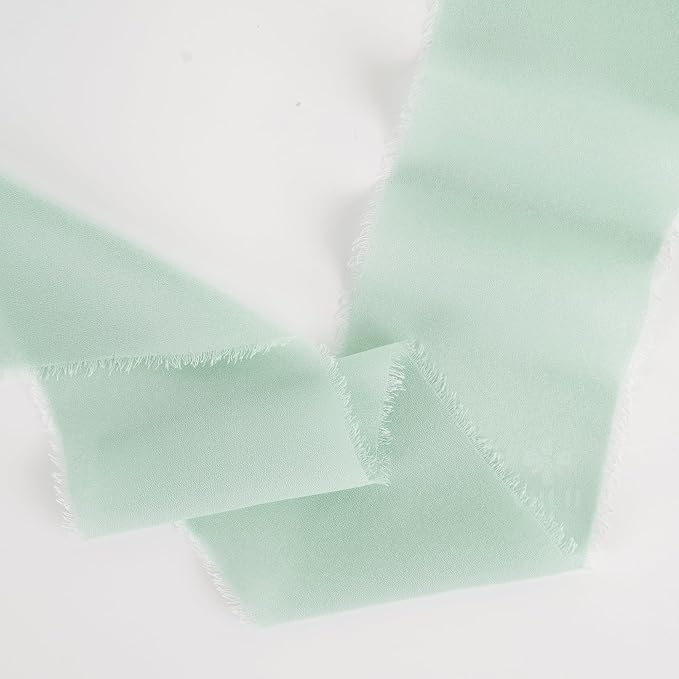 MEEDEE Mint Green Chiffon Ribbon 3 Inch Green Frayed Chiffon Silk Fringe Ribbon Wide Chiffon for Crafts, Flower Bouquet, Wedding Favors Wrapping (2 Rolls 10 Yards)