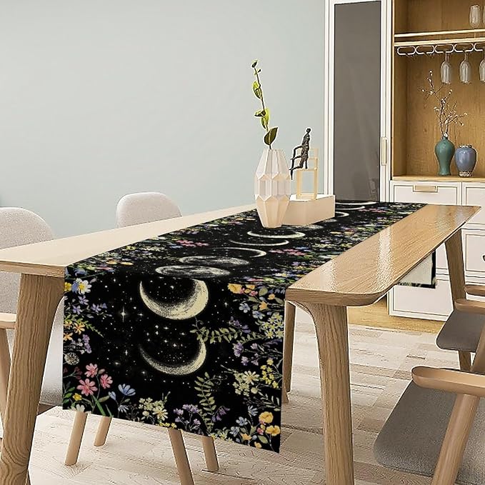 Wild Floral Table Runner, Boho Spring Gothic Moon Phase Wildflower Mystical Witchy Farmhouse Coffee Table Center Decor for Home Kitchen Dining Patio Holiday Party Table Decorations 13x72 inches