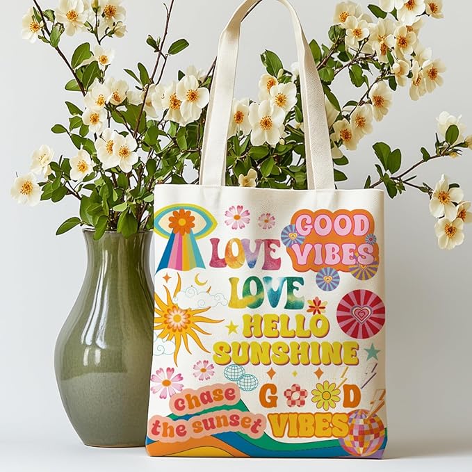 ANATTASOUL Canvas Tote Bag Boho Elements Reusable Cotton Bag for Women, Durable Cloth Shoulder Bags with Zipper Pockets for Shopping, Vacation, Work, Gym