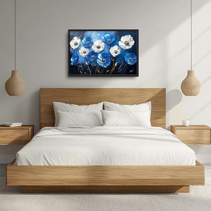 Poppy Large Wall Art Framed Blue Flower Wall Decor for Living Room, Poppies Pictures Oversized Canvas Print Painting Modern Extra Large Framed Artwork for Bedroom Office Home Decor 36"x24"