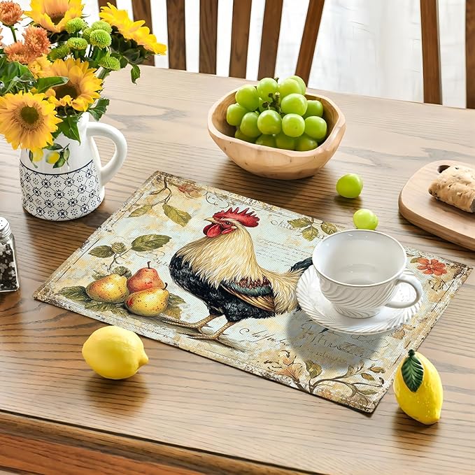 Farmhouse Rooster Placemats Set of 6, Rustic Chicken Place Mats, Pear Dining Table Mats, Washable Placemats for Kitchen Dining Room Home Decor 18L'' × 12W''