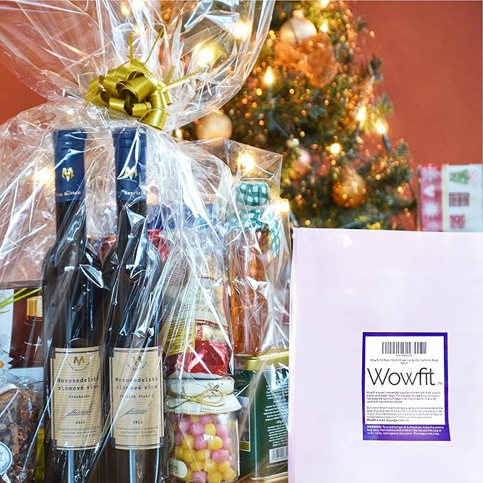 Wowfit Cello Bags,10 CT 24x30 inches Clear Cellophane Bags Perfect for Gift Baskets, Presents, Weddings, Bridal/Baby Showers and More (Flat, No Gusset, Ribbon Not included)