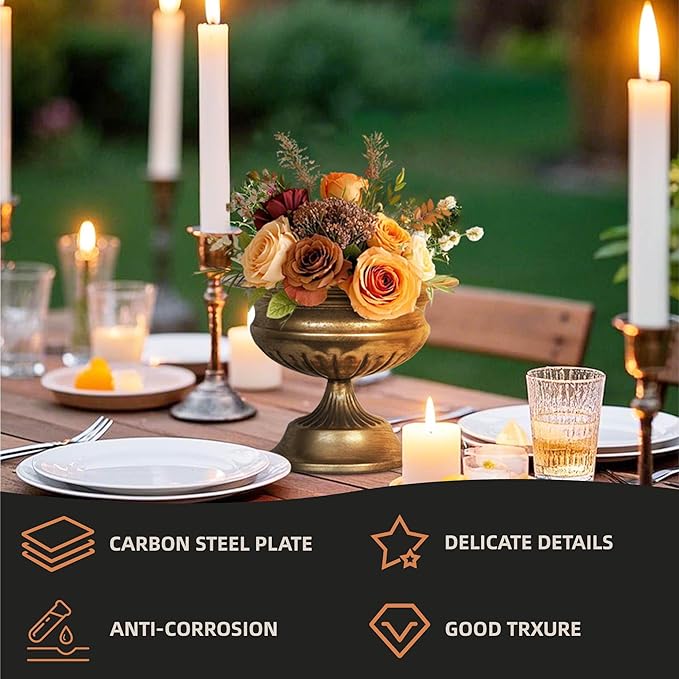WORTH Gold Color Urn Vases for Centerpieces Set of 2 (Large: 8.8" H x 7.8" Dia. & Small: 6.1" H x 7.8" Dia.) - Classic Metal Trumpet Flower Pots for Table, Bowl Vase for Wedding Party Event Home Decor