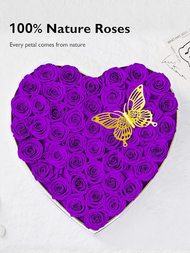 Eterfield 47 Forever Flowers in Heart Shape Box, Preserved Roses That Last a Year Preserved Flowers Birthday Gifts for Her Mom Women Wife Anniversary Valentines Day Mothers Day Christmas, Purple