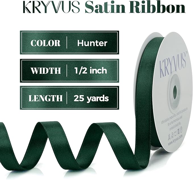 Hunter Green Satin Ribbon, Double Faced 1/2 Inch X 25 Yards Hunter Green Ribbon, Premium Satin Ribbon for Gift Wrapping, Crafts, Hair Bow Making, Sewing, Flower Bouquet, Wedding Party Decor
