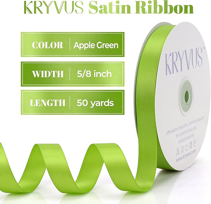 Apple Green Satin Ribbon, Double Faced 5/8 Inch X 50 Yards Apple Green Ribbon, Premium Satin Ribbon for Gift Wrapping, Crafts, Hair Bow Making, Sewing, Flower Bouquet, Wedding Party Decor
