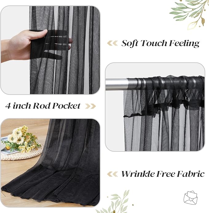 10ft x 8ft Black Backdrop Curtain with Lights String for Parties, Sheer Tulle Wedding Photo Backdrops Drapes for Baby Shower Birthday Party Decorations Background for Photography