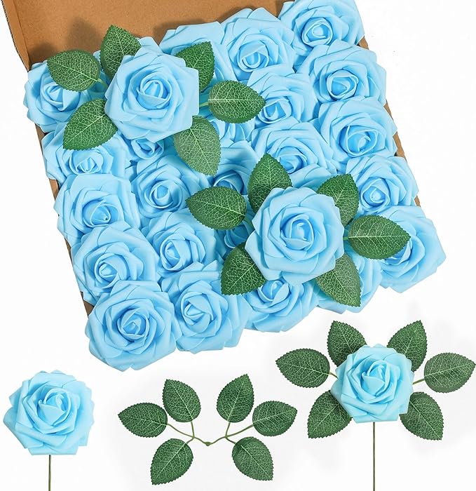 DuHouse 25Pcs Artificial Roses Flowers Fake Rose with Stems Real Touch Foam Flowers for DIY Wedding Bouquet Baby Shower Centerpiece Floral Arrangement Party Home Decor (Sky Blue)