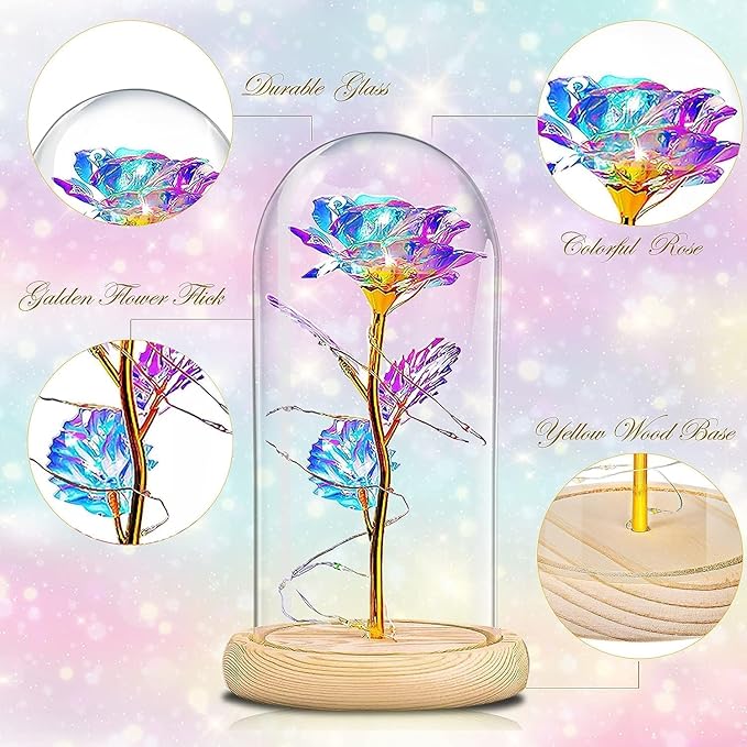 QUNPON Womens Gifts for Christmas Flowers Gifts Women,Mom Grandma Sister for Girlfriend Her Wife Friends,Birthday Gifts for Women,Rainbow Galaxy Glass Rose Gifts for Christmas,Valentines Day