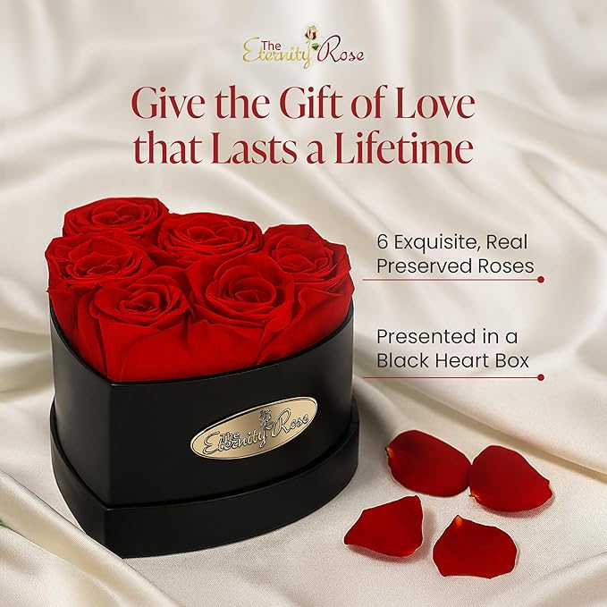 The Eternity Rose 6-Piece Preserved Roses in a Luxury Gift Box – Real Roses in Black Heart Box – A Valentine’s Gift as Everlasting as Your Love