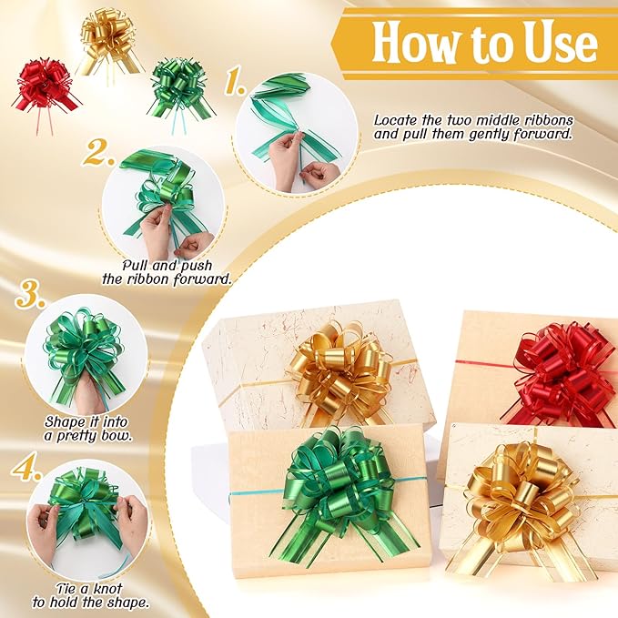 48 Pcs Christmas Large Pull Bows for Gift Wrapping 6 Inch Colorful Ribbon Pull Bows for Presents Boxes Basket Gifts Wrapping Xmas Birthday Wedding Holiday Party Decoration(Gold Red Green)