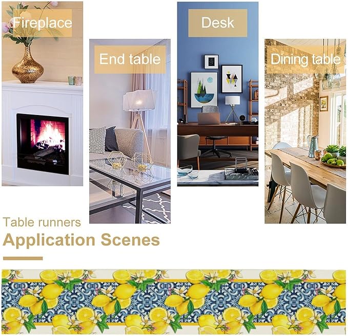 Lemon Table Runner,Summer Blue Tiles Lemons Kitchen Dining Table Decoration Lemons Table Cover for Indoor Outdoor Home Party Decor, 13 x36 Inch