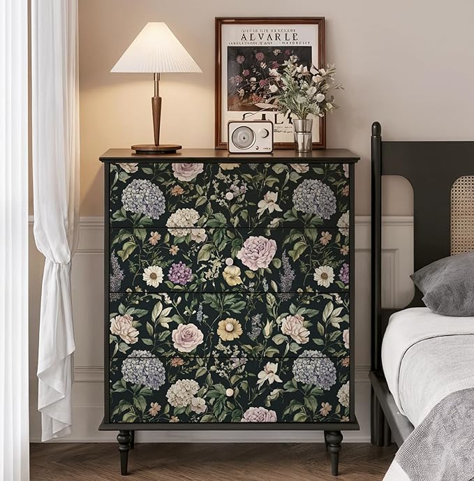 HeloHo Vintage Floral Peel and Stick Wallpaper Boho Contact Paper Dark Flower Self-Adhesive Removable Wallpaper Renter Friendly Botanical Wall Paper for Cabinets Bedroom Vinyl Rolls 17.3"x78.7"