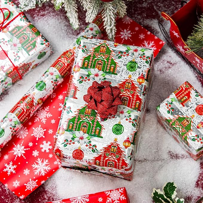 Yarcony Reversible Christmas Wrapping Paper, Vintage Christmas Ornament Gift Wrapping Paper, Classic Watercolor Retro House and Snowflakes Pattern for Holiday, Party(Mini Roll, 17Inch x 33Feet)