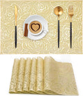 Gold Placemats Set of 6 Rectangle Pressed Vinyl Metallic Flower Place Mats Hollow-Out Rose Heat Resistant Waterproof Oil-Proof Table Mats Decorative for Kitchen Table Holiday Wedding Party Decor