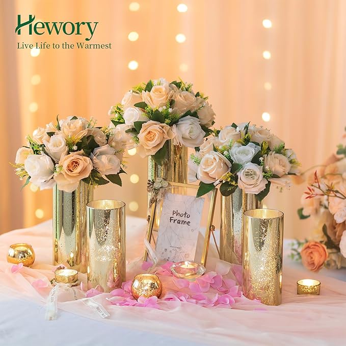 Glass Cylinder Vases Set of 6, Hewory Glittery Gold Vase for Centerpieces, Hurricane Candle Holders for Pillar or Floating Candle, Round Tall Vase for Wedding Anniversary Events Home Table Decor