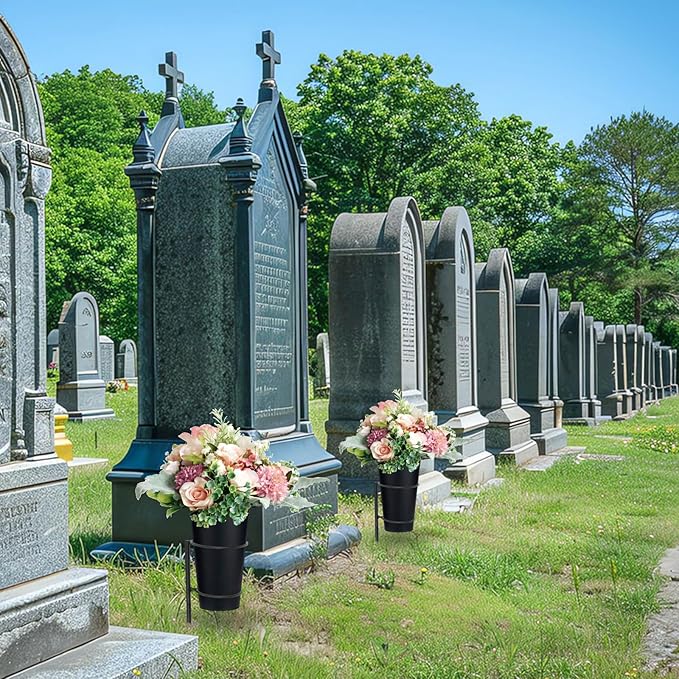 Metal Grave Vase Flower Holder with Spikes Metal Cemetery Vase Flower Holder in ground Decoration with Floral Foam Black for Memorial Markers, Graveside Decor Sign for Outdoor Yard Lawn
