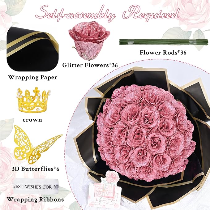 Waipfaru Glitter Roses Bouquet, DIY Fake Flowers Bouquet, Birthday Gifts for Women Mom, 36 Pcs Rose Gold Rose for Wife Girlfriend Valentines, Mothers Day, Anniversary, Graduation