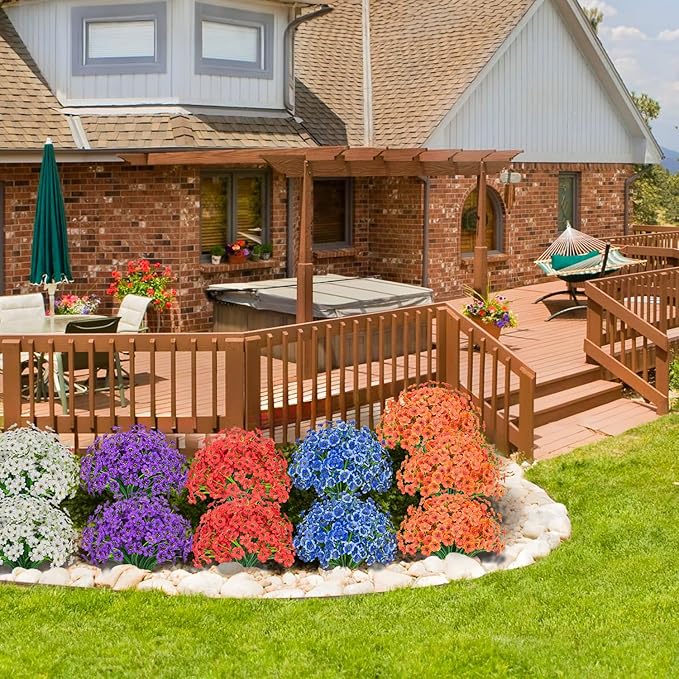 Outdoor Artificial Flowers 21 UV Resistant Bundles Fake Flower Plastic Plants Faux Silk Flowers Porch Hanging Garden Porch Window Box Decorating (White)