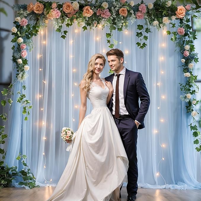 10x8ft Baby Blue Tulle Backdrop Curtain with Lights String for Parites, Sheer Backdrop Curtains for Wedding Baby Shower Birthday Party Photo Shoot Decorations