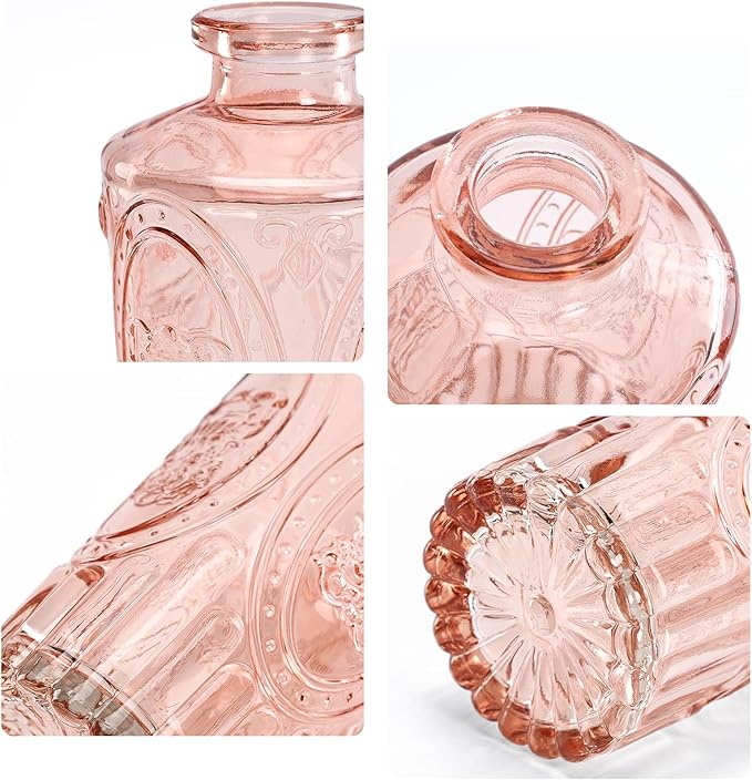 Pink Bud Vases in Bulk 12, Vintage Small Vases for Flowers, Clear Mini Glass Vase for Centerpieces, Decorative Embossed Flower Vase for Wedding Table Decoration, Baby Shower, Birthday Party