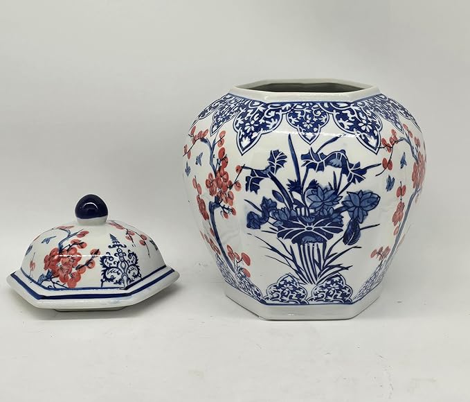 Festcool Blue and White Porcelain Ceramic Covered Floral Jar Vase, Food Container Storage Lotus Plum Blossoms,(J23), 12 inch
