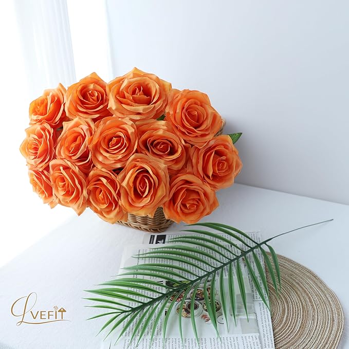 50pcs Artificial Rose Flower Orange Rose Orange Flower with Long Stem Silk Roses Bouquet for Wedding Bridal Shower Party Home Decoration