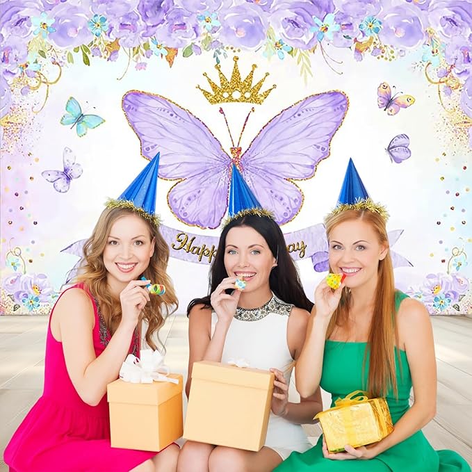 Renaiss 9x7ft Happy Birthday Backdrop Purple Butterfly Flowers Gold Crown Photography Background Daughter Girl Princess Birthday Party Decor Dessert Table Banner Portrait Selfie Group Photo Props