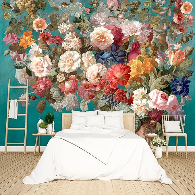 Floral Wallpaper Pink Peony murals Girls Bedroom Botanical Rose Flowers Leaf Aesthetic Room Decor Home Living Room tv Background Large Wall Mural - 91"x65" Not Peel and Stick