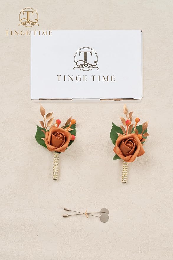 TINGE TIME Boutonniere for Men Wedding,Groom and Best Man Boutonniere for Wedding Ceremony Anniversary, Formal Dinner Party and Rustic Spring Wedding Marriage (2, BurntOrange)