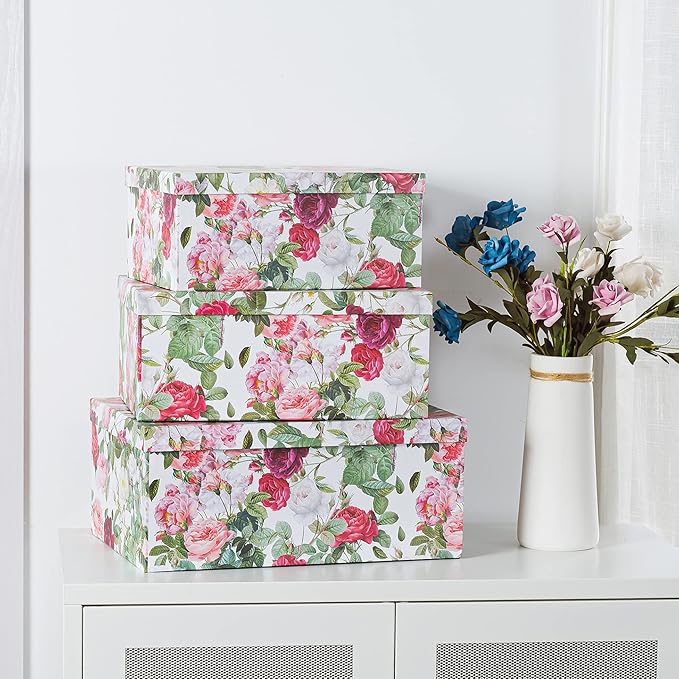 Soul & Lane Decorative Cardboard Storage Boxes with Lids for Home Decor and Organization, Set of 3 Large Keepsake Boxes for Memories & Gifts, Nesting Floral Photo Storage Containers, Rose Romance