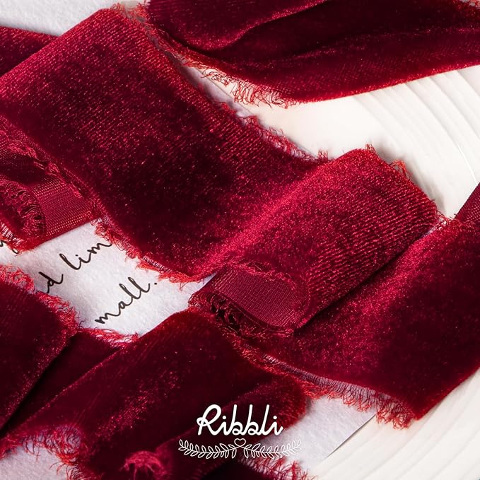 Ribbli Burgundy Velvet Ribbon 2 Inch Handmade Frayed Vintage Christmas Ribbon for Gift Wrapping Christmas Tree Ornament Wreath Craft Home Decor -3 Yards
