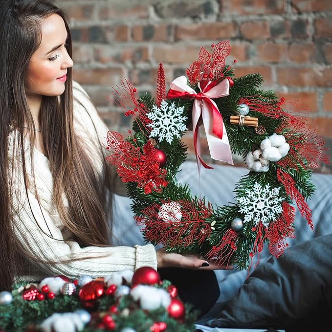 30 Pcs Artificial Christmas Tree Picks and Sprays Glitter Berry Stem Branches Holly Floral Picks Twigs Christmas Tree Ornaments for DIY Xmas Wreath Vase Filler Decorations(Red)