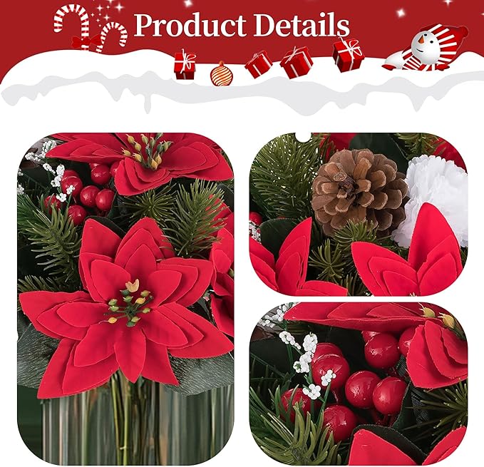 BLOSMON Poinsettias Artificial Christmas Flowers: 2 Pcs Red Fake Floral Ball Centerpieces for Tables Decorations Silk Faux Poinsettia Winter Holiday Flower Arrangement Xmas Plant Ornaments Decor