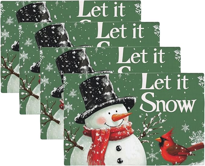 Let It Snow Placemats Set of 4,Christmas Snowman Placemats for Dining Table,Heat Resistant Stain Resistant Wipeable Table Mats for Kitchen Dining Holiday Party Home Decor,12x18 Inch