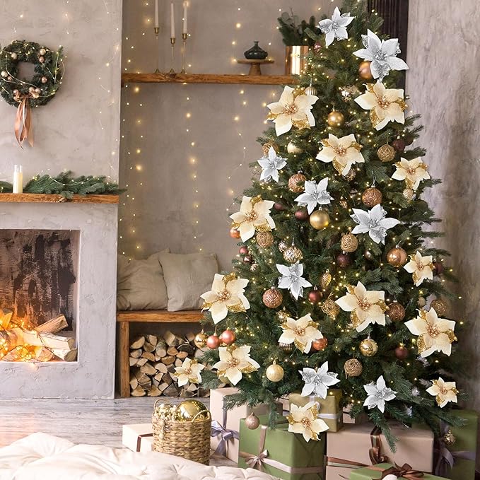 Boao 24 Pieces Christmas Artificial Glitter Poinsettia Flowers Xmas Flowers Wedding Christmas Tree New Year Ornaments (Gold and Silver)