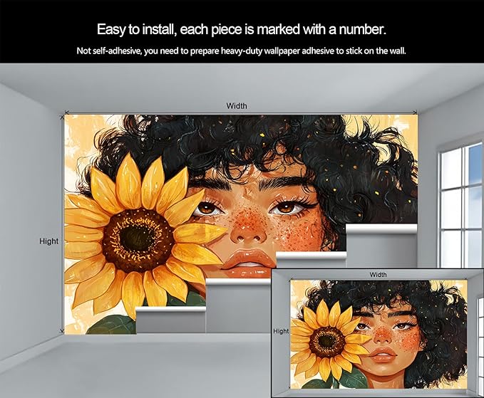 Sunflower Woman Art Wall Mural, Curly Hair Girl with Sunflower 3d Wall Murals, Modern Portrait and Flower Wallpaper Mural, for Living Room Bedroom Large Wallpaper Indoor Decor 118"W x 82.6 "H