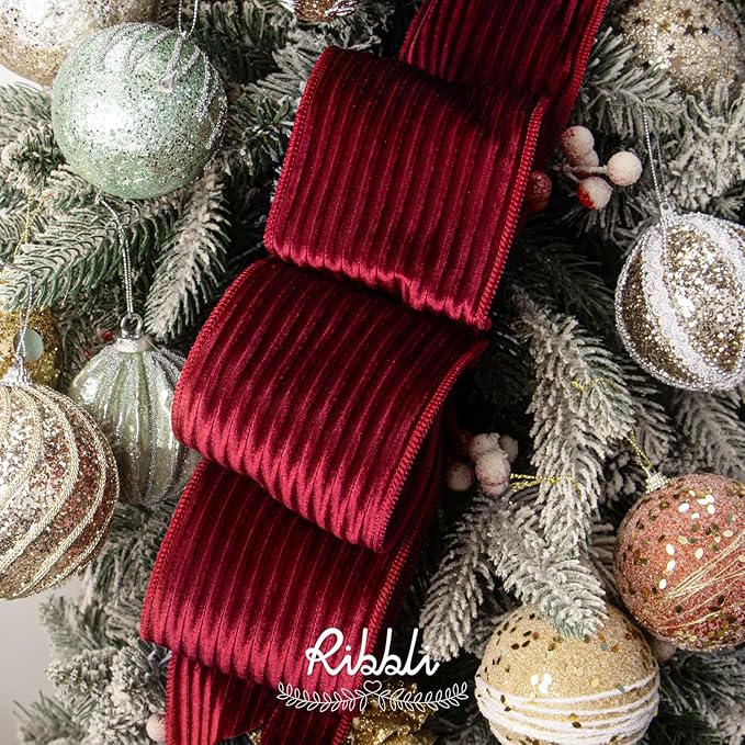 Ribbli Glossy Dark Red Velvet Wired Ribbon 4 Inch Striped Velvet Christmas Ribbon for Gift Wrapping Christmas Tree Decoration Crafts Wreaths Supplies-Continuous 10 Yards