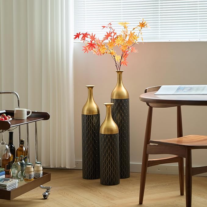 Metal Floor Vases Decorative Tall, Set of 3 Flower Arrangement Stand, Gold＆Black Metal Floor Vases for Living Room Corner, Entryway & Bedroom, 34", 30", 24.8" H (Gold＆Black)