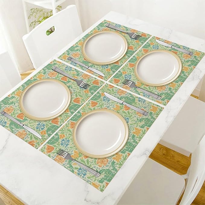 William Morris Placemats Boho Rural Farmhouse Vintage Floral Art Printed Dining Table Mats Set of 4 for Home Kitchen Holiday Picnic Party Decor 12x18in